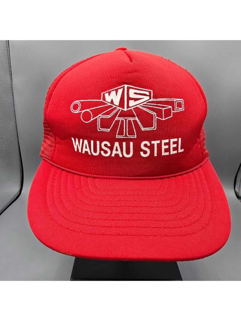Vintage 80s/90s Wausau Steel Adjustable Mesh Back Red San Sun Trucker Hat